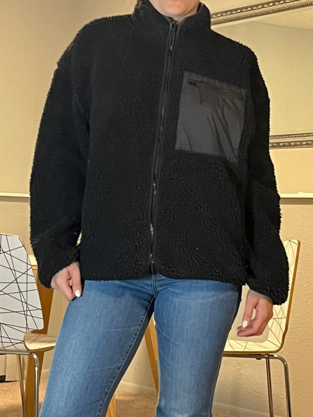 H&M Black Teddy Jacket with Chest Pocket